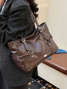 American Retro Shoulder Tote Bag With Metal Buckle Decoration On The Side, And Personalized, Suitable For Commuting And Daily Travel - Coffee - View 5