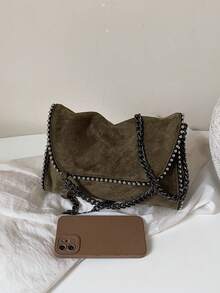 Women Envelope Crossbody Bag Solid Color Suede Fabric Rivet Trim Chain Strap Pendant Decor Medium Capacity Chic Style For Women Party Daily Use - Green - View 6