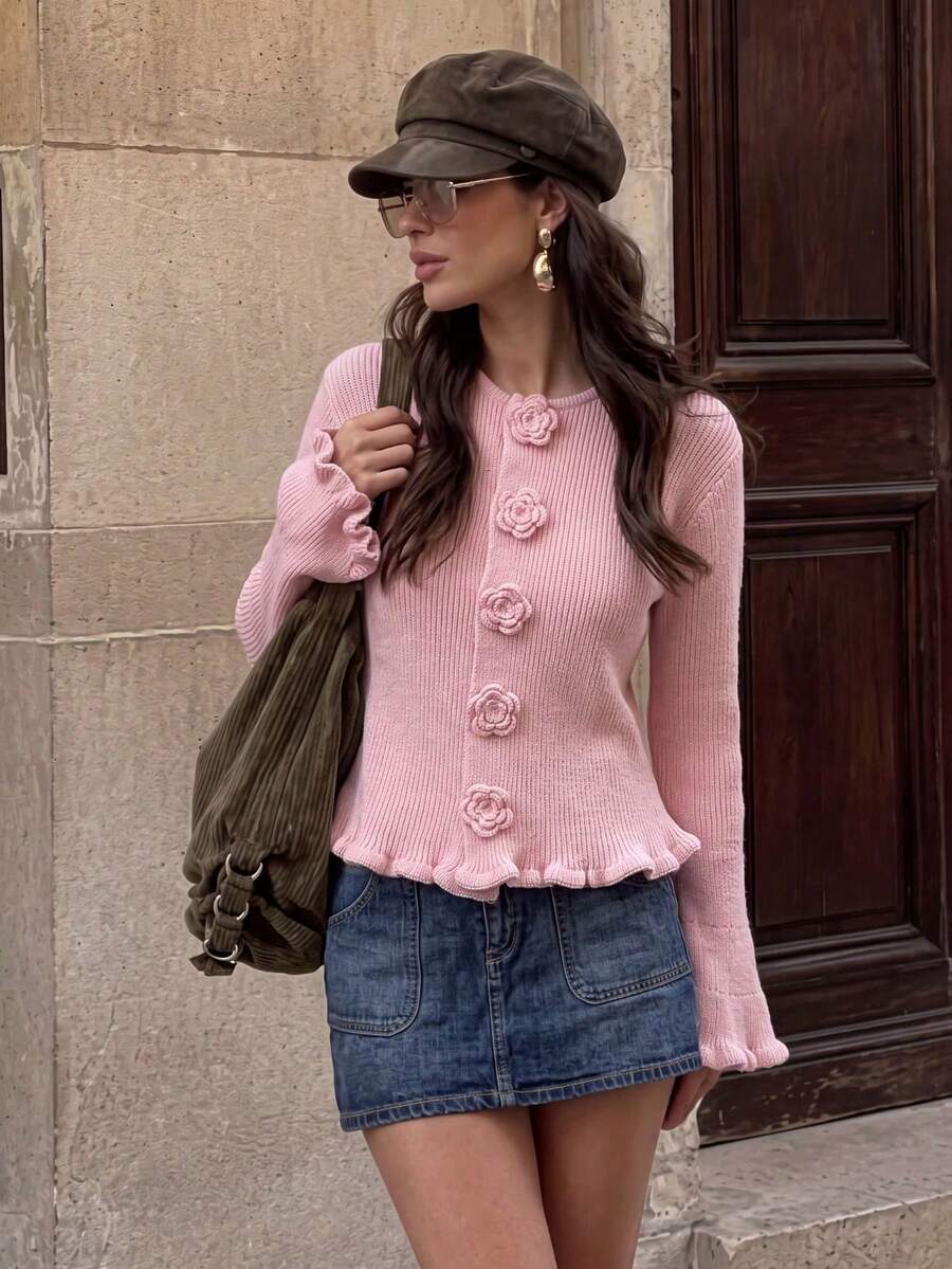 Women's Pink Round Neck 3D Floral Button Ruffle Knit Cardigan Sweater, Winter Christmas New Year Sweet Ruffle Sleeve Long Sleeve Top, Suitable For Autumn - Pink - View 1
