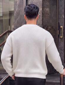 Lookun 男士圓領長袖針織落肩寬鬆版型極簡休閒套頭毛衣 秋冬款 - 白色 - 查看 4