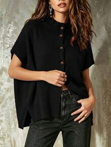 Women's Burgundy Stand Collar Batwing Sleeve Single-Breasted Knit Cardigan, Autumn/Winter Layering, Daily Date French Romantic Style - Black - View 4