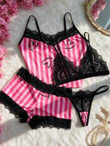 Pink & Black Striped Heart Print Lace Trim 4-Piece Set, Sweet Cool Sexy Loungewear Camisole Set - Hot Pink - View 2