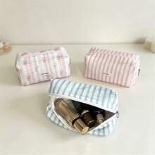 Striped Makeup Bag, Large Capacity Portable Toiletry Storage Bag, Minimalist Floral Stationery Pouch - Multicolor - View 4