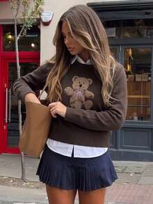 Women's Bear Pattern Casual Daily Wear Knit Top - Brown - View 2