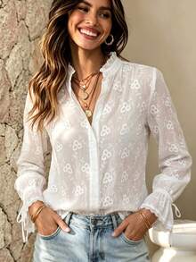 Women's White Embroidered Semi-Sheer Stand Collar Shirt With Ruffle Trim And Lace Cuffs, Button Front Long Sleeve Blouse For Fall Outfits - White - View 4
