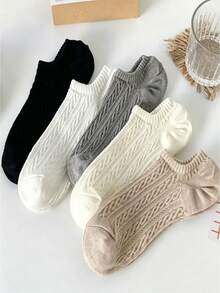 5/10 Pairs Women's Cable Knit Invisible Boat Socks, Solid Color Textured Non-Slip Low-Cut Socks - Multicolor - View 5
