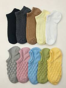 5/10 Pairs Women's Cable Knit Invisible Boat Socks, Solid Color Textured Non-Slip Low-Cut Socks - Multicolor - View 8
