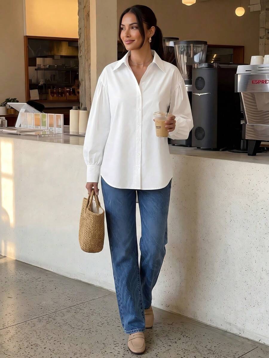 Camisa casual de manga farol con cuello vuelto, blanca para primavera