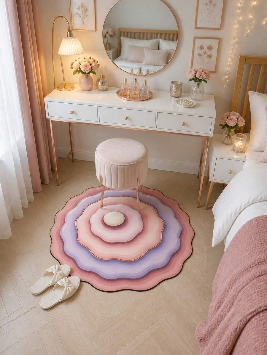 1pc Ripple Round Area Rug, Concentric Wave Ridge Carpet In Pink And Lilac, Abstract Modern Bedroom Floor Mat, Minimalist Vanity Corner Rug, Soft Aesthetic Dorm Accent Mat - Baby Pink - View 1