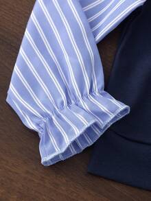 BASUSARRI Academy Style Back To School Season Collared Striped Half-Button Top Pleated Skirt Autumn/Winter Long Sleeve Girls Blouse Set Skirt Set - Blue - View 4