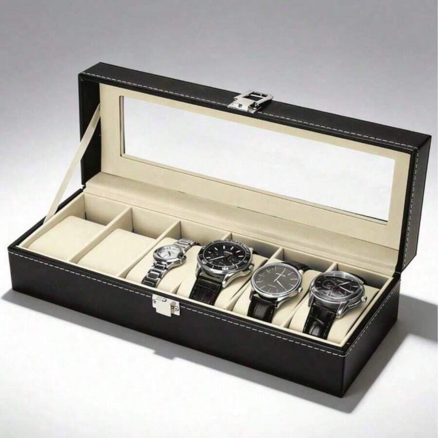 Luxury Classic PU Leather 6-Slot Watch Display Box | Men's Watch Collection Organizer With Transparent Glass Lid And Velvet Lining, Suitable For Vanity Display And Gift For Watch Enthusiasts - Multicolor - View 1