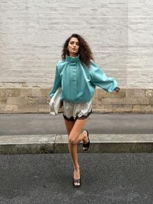 2026 New Women's Jacket Coat, Women's Spring/Autumn Jacket, Patchwork Ruched Design, Fashionable Versatile, Casual Commuter Style, Elegant Winter Outerwear - Mint Blue - View 8