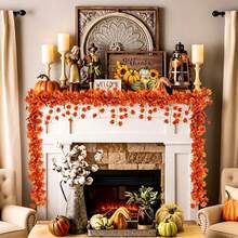 12pcs Extra Long Autumn Maple Leaf Garland, Artificial Red Silk Maple Leaves, Hanging Vines For Thanksgiving Home Wedding Garden Fireplace Porch Decor (Handmade Product, Normal For Some Leaves To Fall Off, Does Not Affect Use) (Due To Shooting Angle And Display Issues, There May Be Slight Color Difference Between Actual Product And Image, Normal Phenomenon, Does Not Affect Use) - Orange - View 4