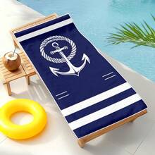 1pc Blue & Navy Blue Anchor Pattern Beach Towel, Nautical Style Polyester Rectangular Large Bath Towel, Suitable For Women's Vacation And Poolside Use - Multicolor - View 8