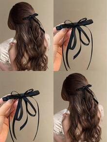 1pc Black Textured Bow Hair Clip, Long Tail Ribbon Bow Hair Clip, Elegant French Style Women's Half-Up Hair Accessory - Multicolor - View 6