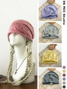 High-End Oversized Face-Slimming Slouchy Beanie For Women, Autumn/Winter Warm Ear-Protecting Large Head Circumference Knitted Knitted Hat, Dopamine Star Pattern Rolled Edge Knit Slouchy Beanie, Spring/Autumn Face-Slimming Head-Wrapping Cold Weather Hat - Multicolor - View 3