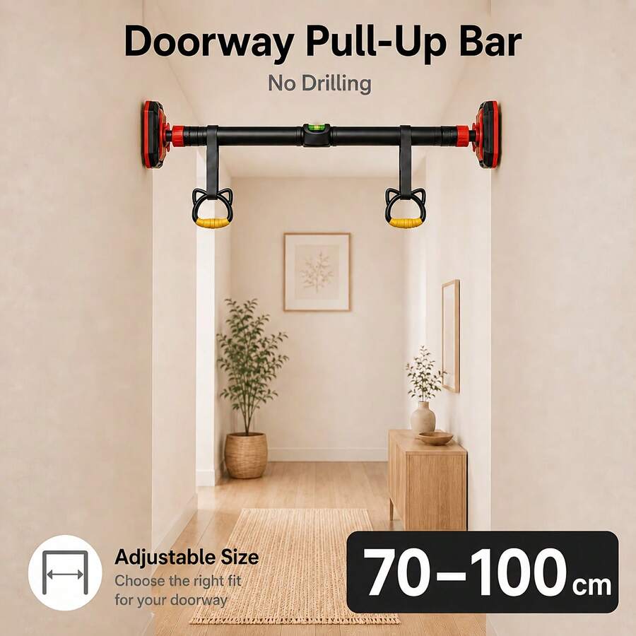Hochbelastbare Türrahmen Hantelstange ohne Bohren, verstellbare horizontale Stange mit hoher Tragfähigkeit, mit Smart Level und Katzenohrringen, Heimfitnessgerät - 70-100 cm - Übersicht 1