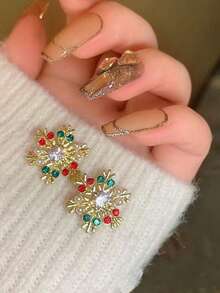 JOJELOO 1 Pair European & American Christmas Series Fashion Creative Rhinestone Colorful Christmas Snowflake Stud Earrings For Women - Earrings - View 6