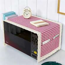 1pc 2-In-1 Microwave Dust Cover With 2 Side Pockets And Exquisite Lace Trim, Polyester Fabric Dust Cloth For Vanity, Coffee Table, Nightstand, Dining Table Cabinet And Home Decor - Red Plaid - View 5