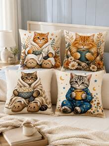 4pcs Cute Kitten Throw Pillow Covers 18x18 Set Of 4, Colorful Floral Butterfly Cat Cushion Covers For Couch Sofa Living Room Decor (Without Insert) - Multicolor - View 4