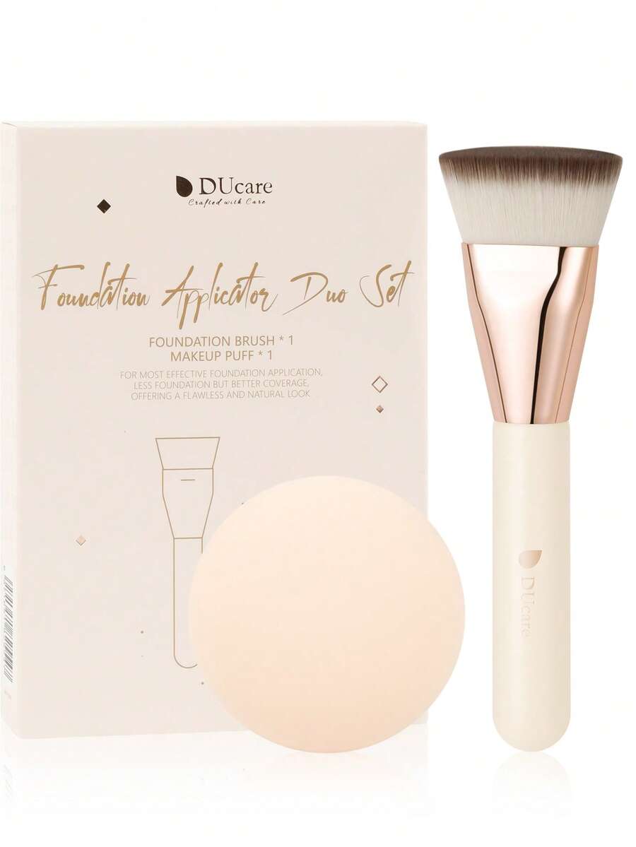 DUcare Ultimate Synthetic Flat-Top Foundation Brush, Paired With A Soft Makeup Sponge, For Effortless, Streak-Free Foundation Application, Flawless, Seamless Finish - Easy Blending Even For Beginners, With Even Coverage For Liquid And Cream Foundations