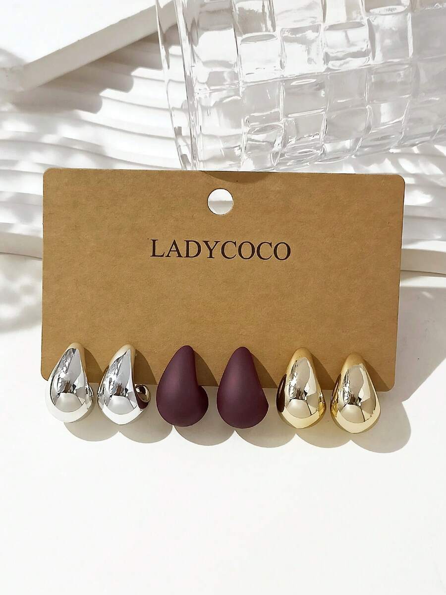 LADYCOCO 3對時尚可愛多色水滴鉤耳環套組，適合女性日常配戴 - 彩色 - 查看 1