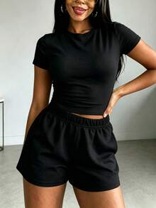 2pcs Women's Solid Color Round Neck Short Sleeve Top & Shorts Casual Set - Black - View 4
