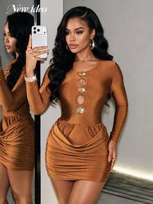 NEW IDEA Women Sexy Elegant Brown Fall Winter Long Sleeve Short Dress, Ruched Bodycon Dress For Night Out, Party, Going Out, Low‑Key Luxe Gathering - Brown - View 3