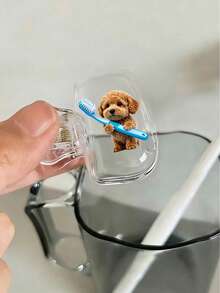 Cute Brown And White Teddy Dog Holding Toothbrush Pattern Printed Portable Toothbrush Head Cover, Storage Box, Toothbrush Protective Cap Holder, Essential Bathroom Accessory For Home, Business Travel, Daily Use And Outdoor Travel, Portable Toothbrush, Back To School Gift, Teacher Gift, Couple Toothbrush Set, Back To School Gift. - Multicolor - View 6
