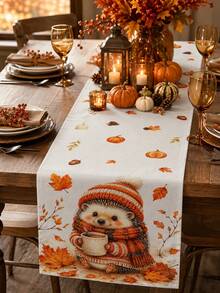 Thanksgiving Autumn Kitchen Decor Table Runner, Cute Hedgehog Knitted Sweater Pattern, Rustic Country Style, Thanksgiving Holiday Dining Table Decoration, Pumpkin Maple Leaf Pine Cone Candle Pattern, Tablecloth, Dining Room Kitchen Home Decor - Multicolor - View 2