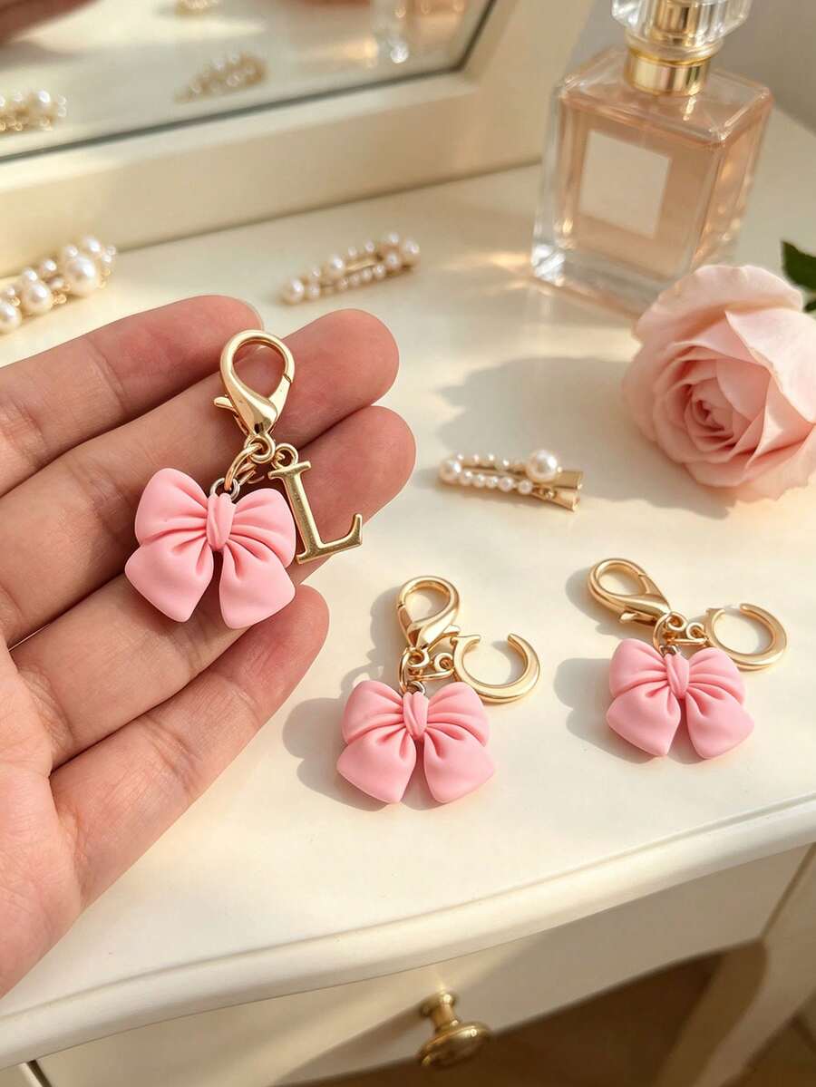 Pink Compact Bow With Name Initial A-Z Lobster Clasp Keychain Key Chain, Pendant Matching Car Key Chain,Back-To-School Season Opening Season,Gift - Multicolor - View 1
