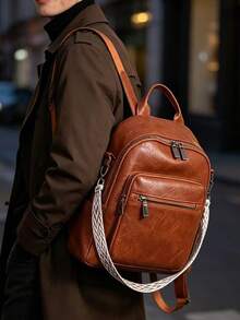 Men's Vintage Solid Color PU Backpack, Multi-Zipper Casual Daily Use Backpack, With Detachable Woven Shoulder Strap, Large Capacity Travel Work Backpack - Brown - View 6