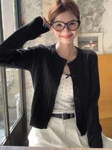 Black Cable Knit Cardigan Sweater Jacket For Women, New Hot-Selling Style, Suitable For Early Autumn Outfits - Black - View 1
