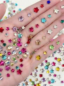 50pcs Mixed Color Rhinestone Nail Art Decor, 3D Flat Back Rhinestones For Nail Embellishment, Heart & Star Shaped Nail Rhinestones, Cute Nail Art Handmade Decoration, Acrylic Rhinestones Suitable For Women's Nails - Multicolor - View 2