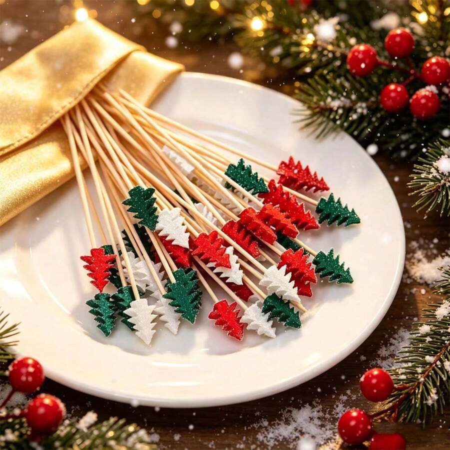 100pcs Christmas Tree Bamboo Skewers, Christmas Gift Dinner, Party, Appetizer, Cocktail Sticks, Fruit Picks, Food Decoration - Multicolor - View 1