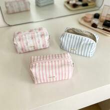 Striped Makeup Bag, Large Capacity Portable Toiletry Storage Bag, Minimalist Floral Stationery Pouch - Multicolor - View 5