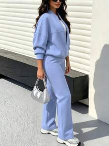 2pcs Casual Solid Color Sweatshirt Jacket Top And Straight Leg Pants Set, Soft Fleece Fabric, Suitable For Spring, Autumn And Winter Elegant - Light Blue 109# - View 7