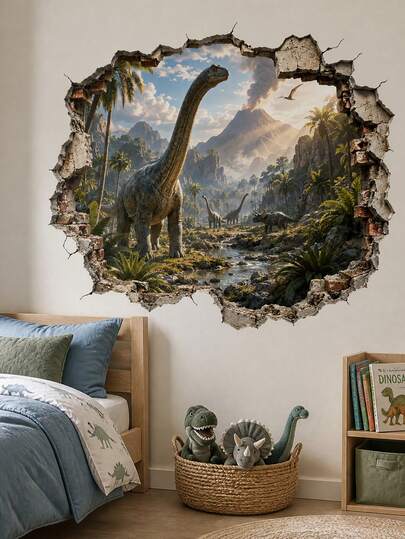 Adesivo de Parede 3D Dinossauro Quebrado, Decalque de Parede Paisagem de Dinossauro Jurássico & Vulcão, Arte de Parede Removível Autoadesiva Mundo Pré-Histórico para Quarto de Crianças, Berçário, Sala de Jogos & Decoração de Casa