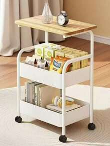 3-Tier Metal Utility Cart, Metal Storage Rack With Wooden Top, Rolling Cart With Wheels, Multi-Functional Storage Rack, Durable Steel Frame, Suitable For Kitchen, Office, Bedroom, Living Room - View 14