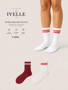 2 Pairs Of Red And White Women's Double-Leg Stockings, With An Athletic Academy Style - Multicolor - View 1
