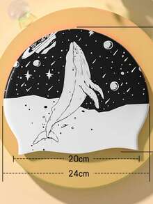 1pc Whale Print Decor Professional Silicone Swim Cap Large Size Comfort Fit Waterproof Long Hair Protection Unisex Adult Swimming - Black - View 2