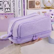 Large Capacity Multi-Layer Pencil Case, Portable Canvas Stationery Bag With Multiple Zipper Compartments And Side Handle, Travel Toiletry Bag, Multi-Function Desktop Organizer, Solid Color Minimalist Casual Makeup Storage Bag, Suitable For School, Office And Daily Use - Multicolor - View 11