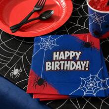 Red Blue Spider Web Happy Birthday Paper Napkins, Spider Theme Disposable Party Napkins, Comic Style Birthday Tableware Decorations, Party Supplies - Multicolor - View 1