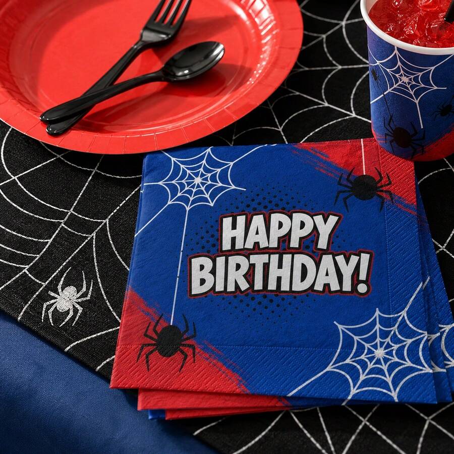 Red Blue Spider Web Happy Birthday Paper Napkins, Spider Theme Disposable Party Napkins, Comic Style Birthday Tableware Decorations, Party Supplies - Multicolor - View 1