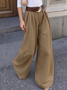 Aflion Women Fall Khaki Pleated Wide Leg Pants, Elastic Back Waist Casual Loose Long Trousers, Belt Not Included - Khaki - View 1