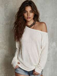 2026 Autumn/Winter New Sweater Knit Top Long Sleeve Loose Fit Off-Shoulder Asymmetric Collar Ribbed Knit Blouse Bohemian Y2K Millennium Style Sexy Gentle Casual Commute Home Holiday Travel Lazy Fit Dropped Shoulder Beach Pastoral Soft Girl Effortless Chic French Style Autumn/Winter Essential Vacation Island Outfit Daily Street Date Wear Asymmetrical Neck Design Plus Size Friendly - Beige - View 4