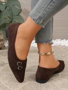 Brown Dual-Metal Buckle Pointed Toe Flat Shoes Women Spring Autumn Vintage Commute Low Vamp Versatile Loafers - Coffee Brown - View 6