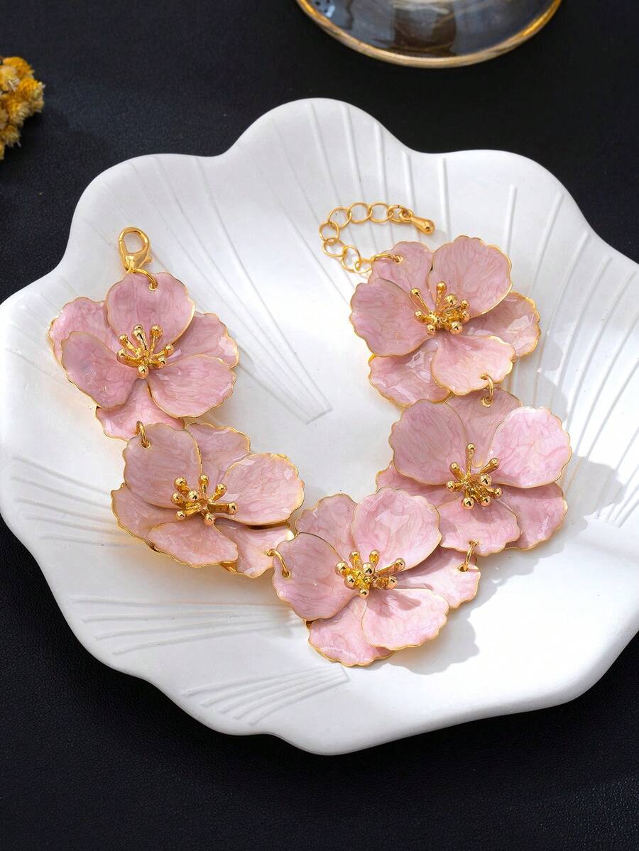 1件粉色復古奢華風3D雙層花朵手鍊，適合女性日常配戴 - 粉色 - 查看 1