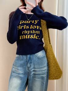 Alicedudu Women's Autumn/Winter Colorblock Letter Vintage Casual Slimming Round Neck Pullover Sweater - Navy Blue - View 4