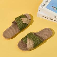 Summer Linen Slippers Lightweight Non-Slip Indoor Slippers Soft Sole Home Slippers Fashion Minimalist Bedroom Slippers - Olive Green - View 3